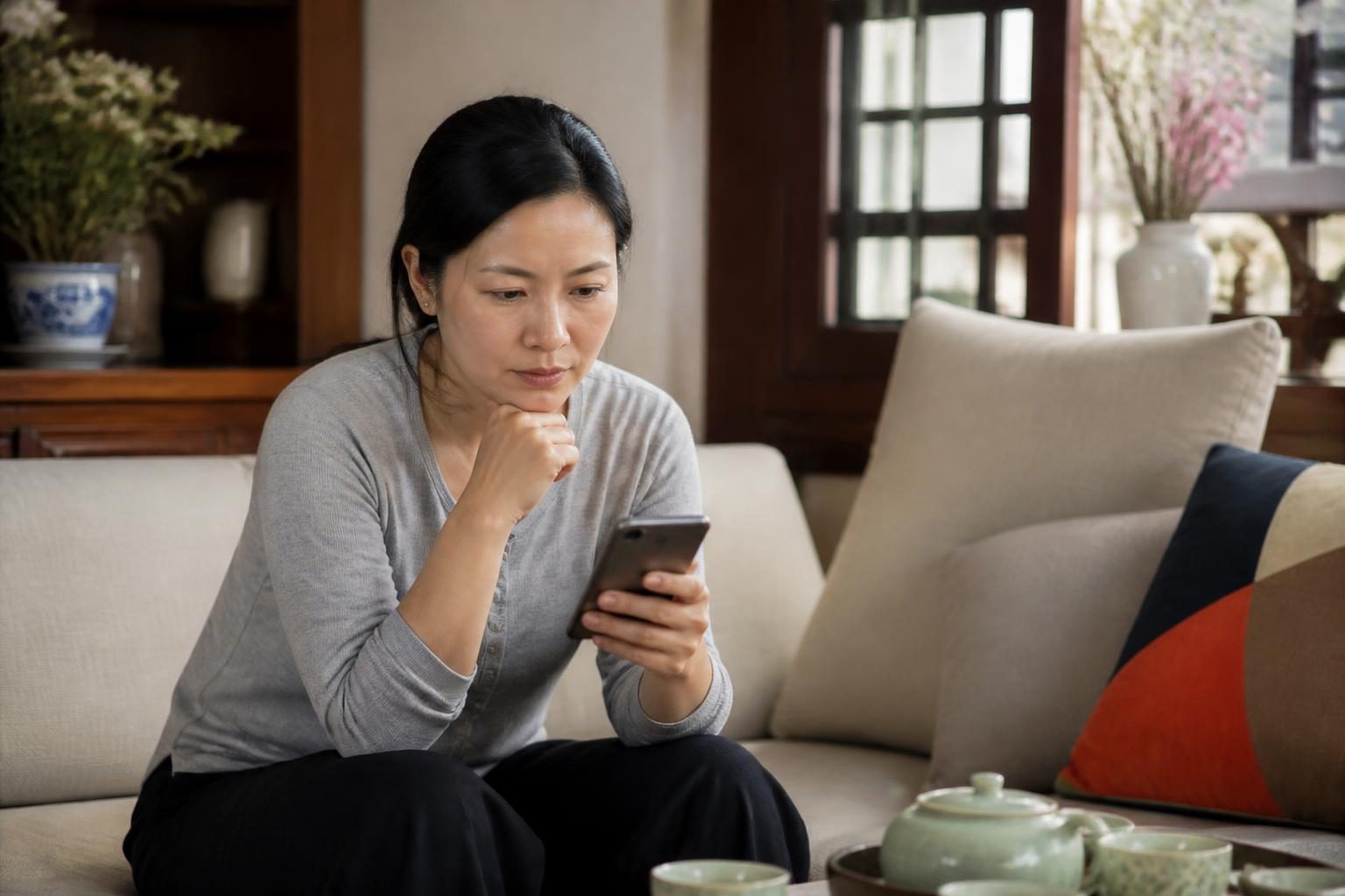 Người mẹ ngồi ở nhà tìm hiểu địa chỉ phòng nha uy tín trên điện thoại - ảnh minh hoạ