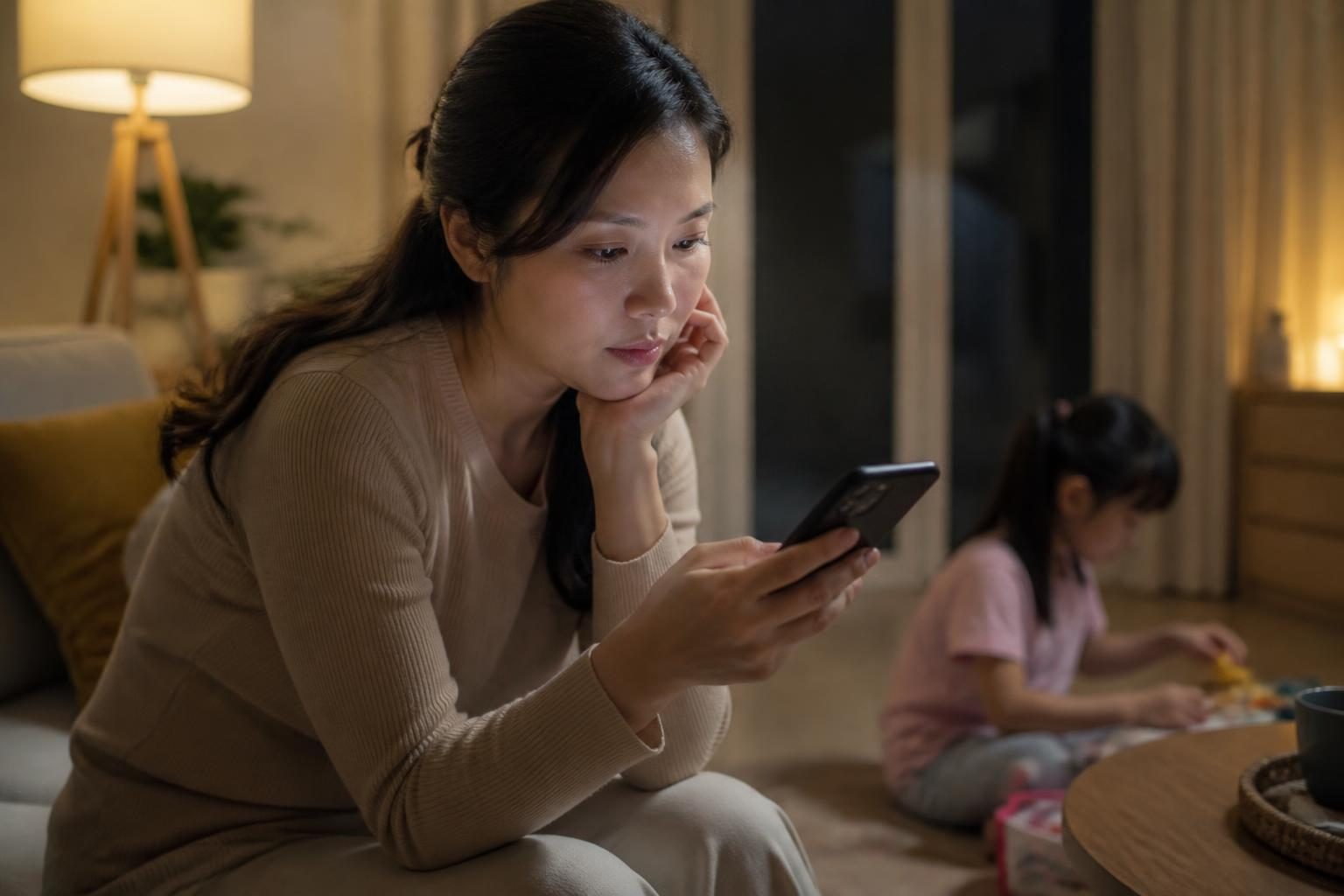 Người mẹ đọc tin nhắn trên điện thoại, đang tìm hiểu có nên niềng răng sớm cho trẻ, con gái chơi phía sau - ảnh minh hoạ