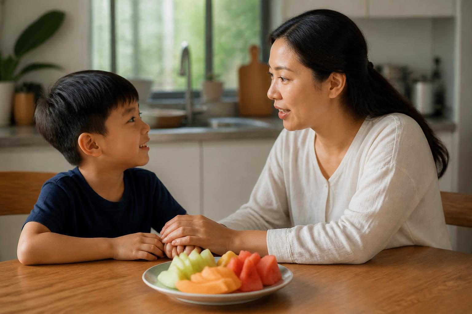 Mẹ trò chuyện với con bên đĩa trái cây, giúp trẻ bỏ thói quen xấu khi khắc phục sai lệch khớp cắn - ảnh minh hoạ