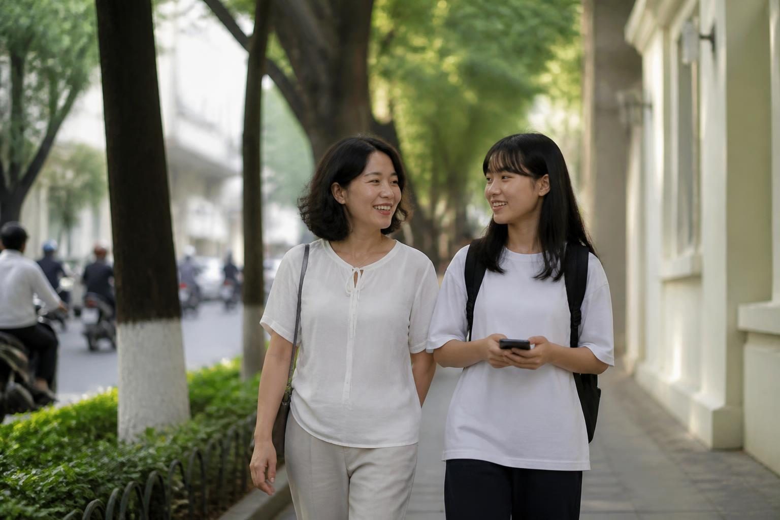 Mẹ và con gái cùng đi trên phố, chủ động đến nha khoa thăm khám trước khi niềng răng - ảnh minh hoạ