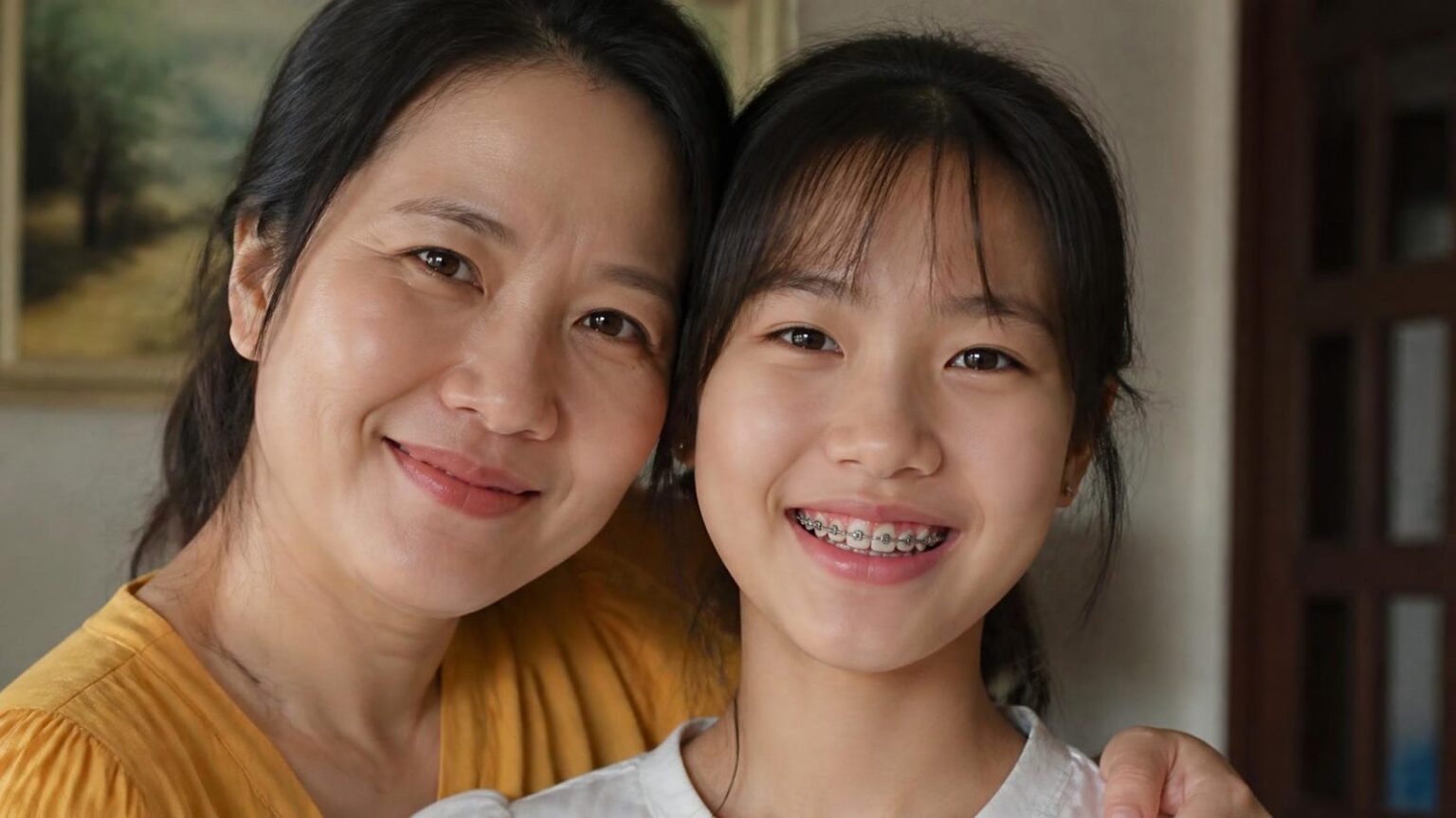 Mẹ và con gái tuổi thiếu niên đeo mắc cài cười tươi, niềng răng ở trẻ - ảnh minh hoạ Nha khoa Bác sĩ Trung Long Biên