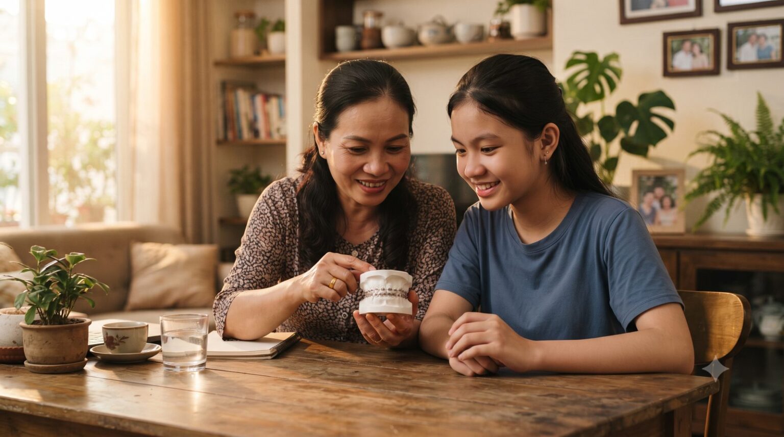 Mẹ và con gái cùng xem mẫu hàm gắn mắc cài, tìm hiểu về chỉnh nha trước khi niềng - ảnh minh hoạ Nha khoa Bác sĩ Trung Long Biên