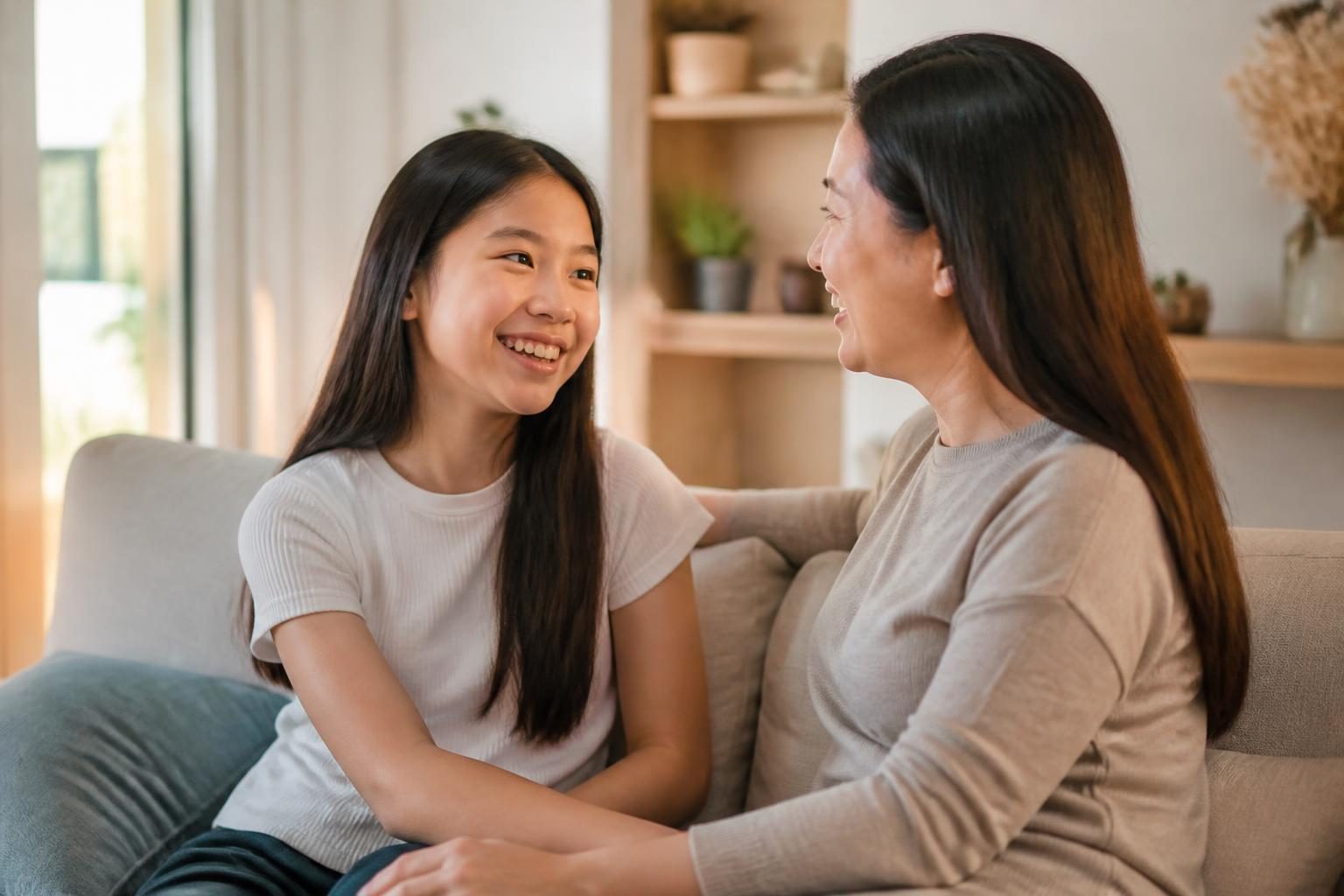 Mẹ và con gái tuổi dậy thì trò chuyện ở nhà, tìm hiểu niềng răng khi nào tốt nhất - ảnh minh hoạ niềng răng an toàn