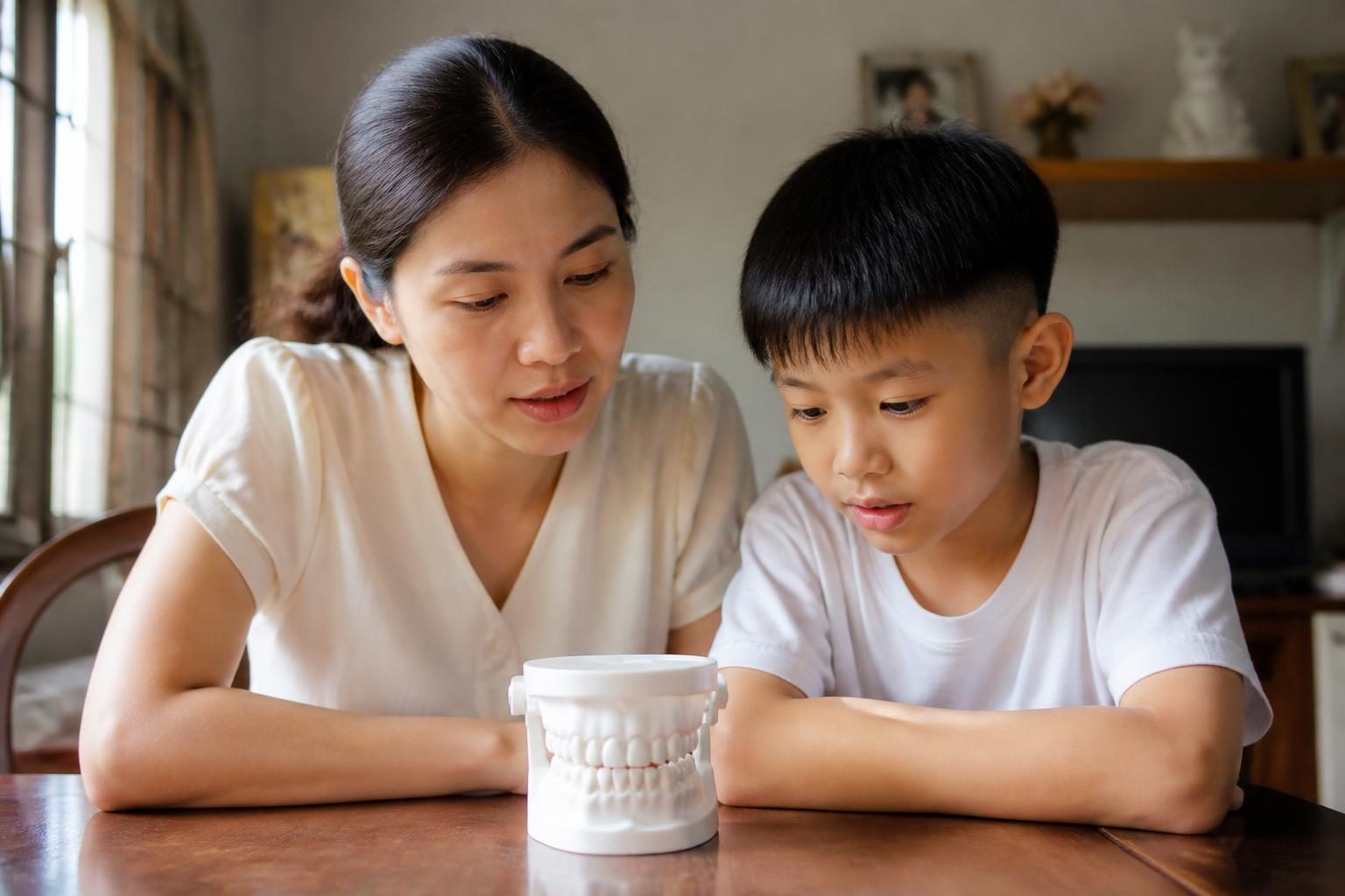 Mẹ và con trai cùng xem mô hình hàm răng trên bàn, tìm hiểu niềng răng khi đang thay răng sữa - ảnh minh hoạ
