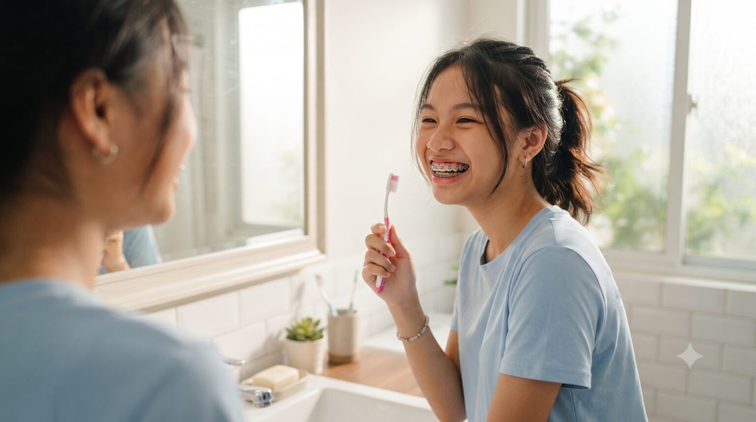 Thiếu nữ đang niềng răng mắc cài cầm bàn chải cười trước gương mỗi sáng, mẹo chăm sóc răng miệng khi niềng răng - ảnh minh hoạ Nha khoa Bác sĩ Trung Long Biên