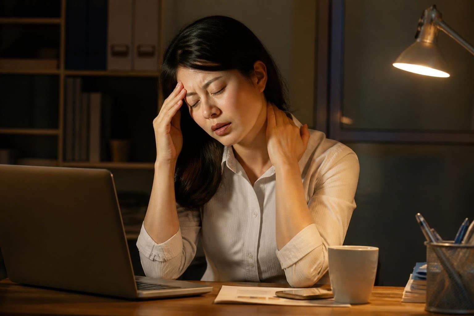 Người phụ nữ mệt mỏi xoa thái dương và cổ bên bàn làm việc buổi tối - ảnh minh hoạ ảnh hưởng của viêm khớp thái dương hàm