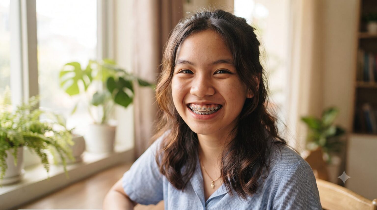 Thiếu nữ đang niềng răng mắc cài kim loại cười tươi bên cửa sổ, minivis là khí cụ hỗ trợ trong chỉnh nha - ảnh minh hoạ Nha khoa Bác sĩ Trung Long Biên