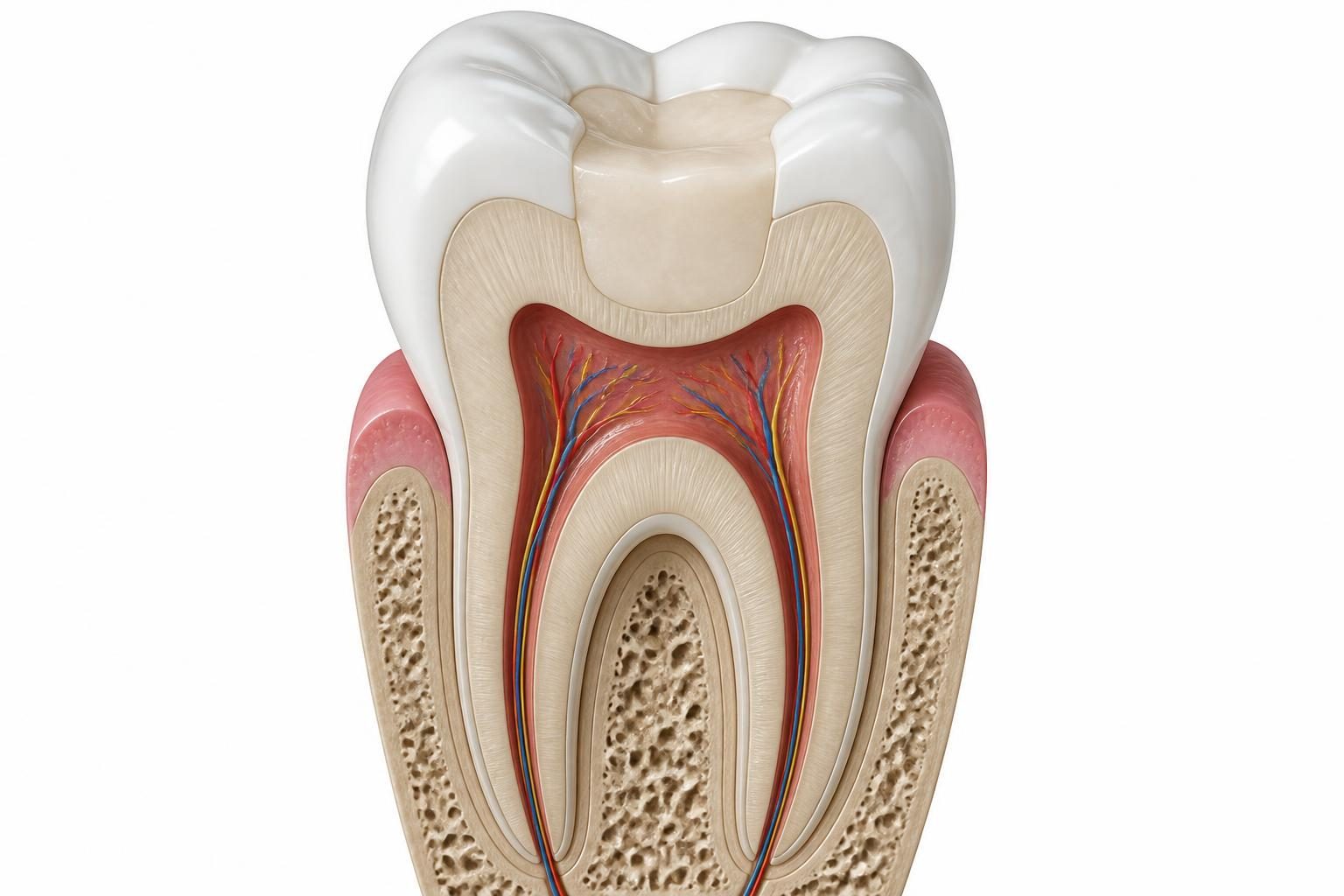 Mô hình 3D mặt cắt răng hàm có miếng trám màu răng phục hồi phần mô răng bị sâu - ảnh minh hoạ hàn răng sâu