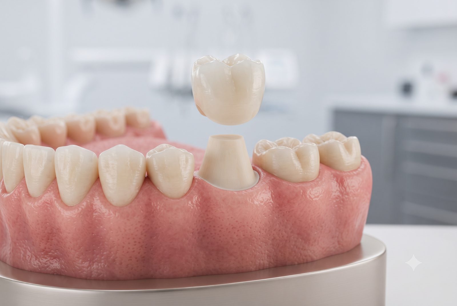 Mô hình mão răng sứ chuẩn bị chụp lên cùi răng hàm - ảnh minh hoạ bọc sứ sau điều trị tuỷ