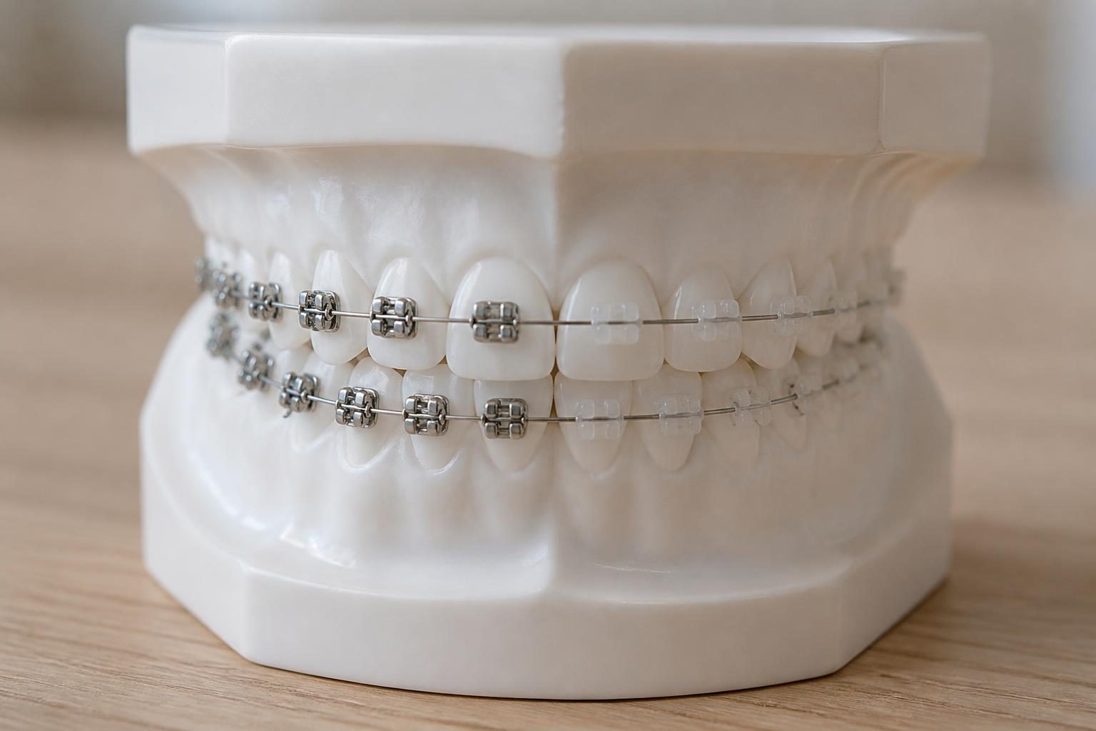 Mô hình hàm răng gắn mắc cài và dây cung - ảnh minh hoạ các loại niềng răng mắc cài