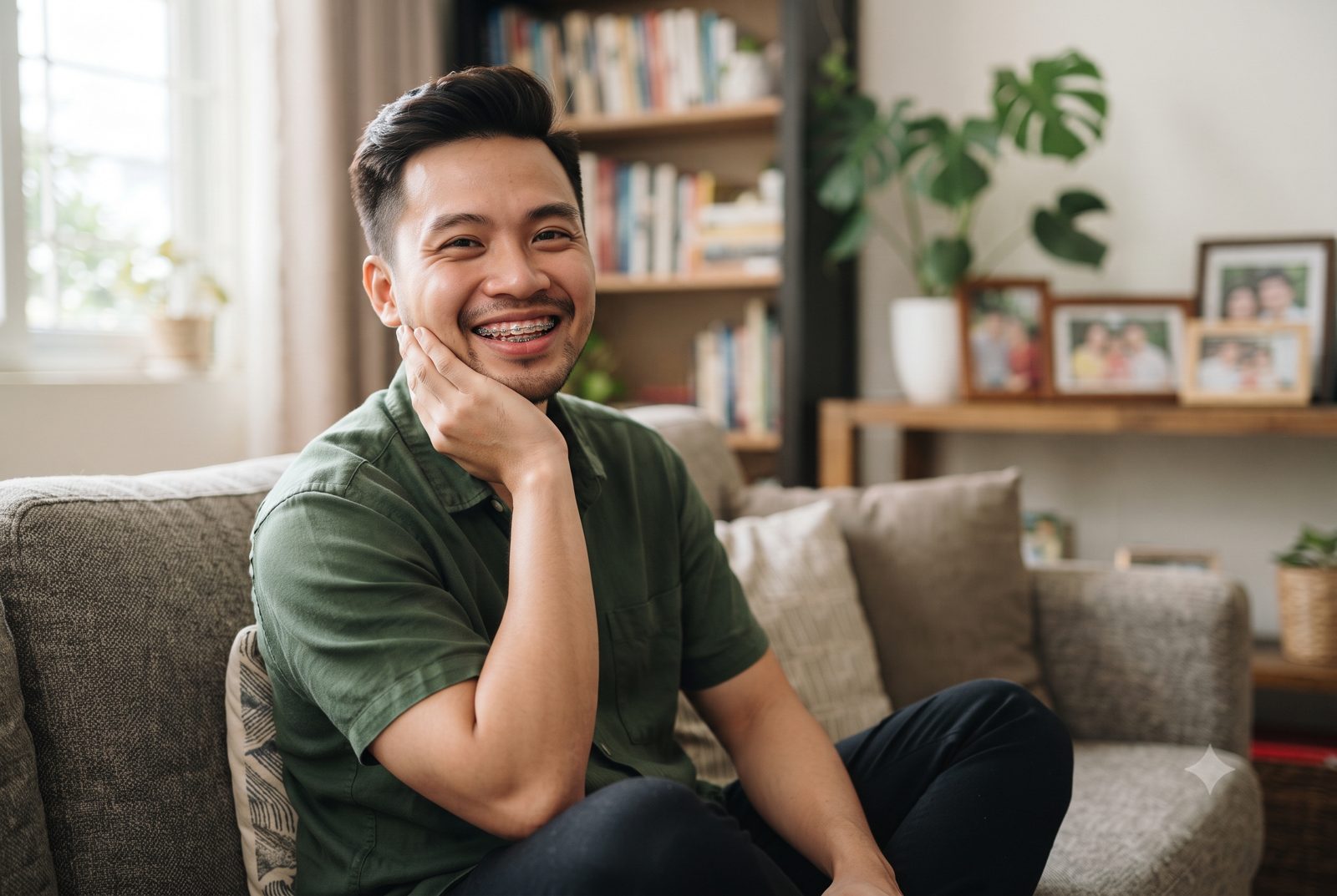 Người đàn ông đang niềng răng mắc cài cười thoải mái, khớp hàm dễ chịu - ảnh minh hoạ