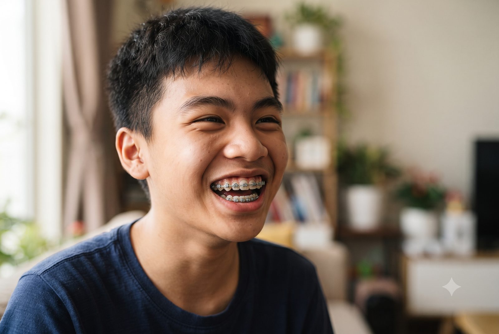 Nam sinh cười tươi với mắc cài kim loại, dây cung và thun xám trên răng - ảnh minh hoạ niềng răng mắc cài kim loại