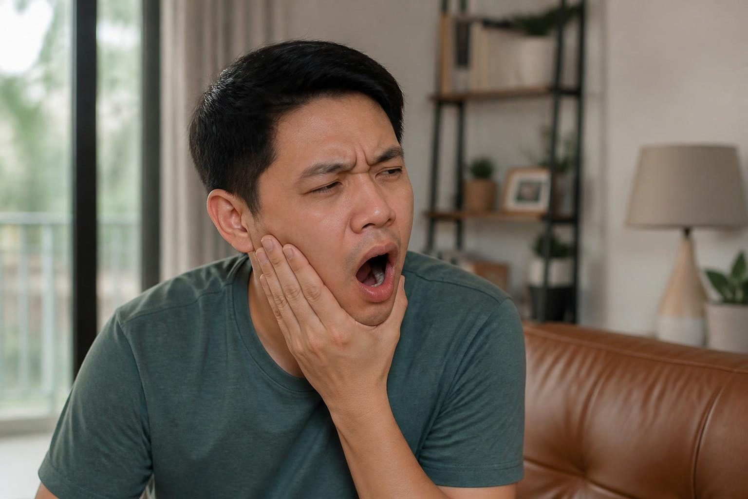 Người đàn ông đang ngáp thì ôm hàm vì đau khớp - ảnh minh hoạ triệu chứng đau khớp thái dương hàm