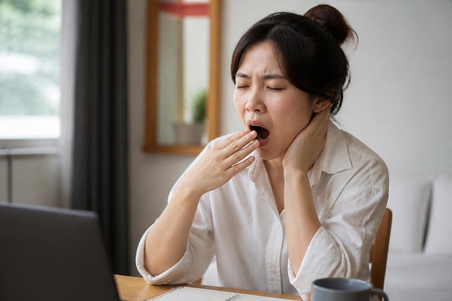 Người phụ nữ ngáp phải đỡ tay lên hàm vì khó chịu ở khớp thái dương hàm - ảnh minh hoạ bệnh lý khớp thái dương hàm