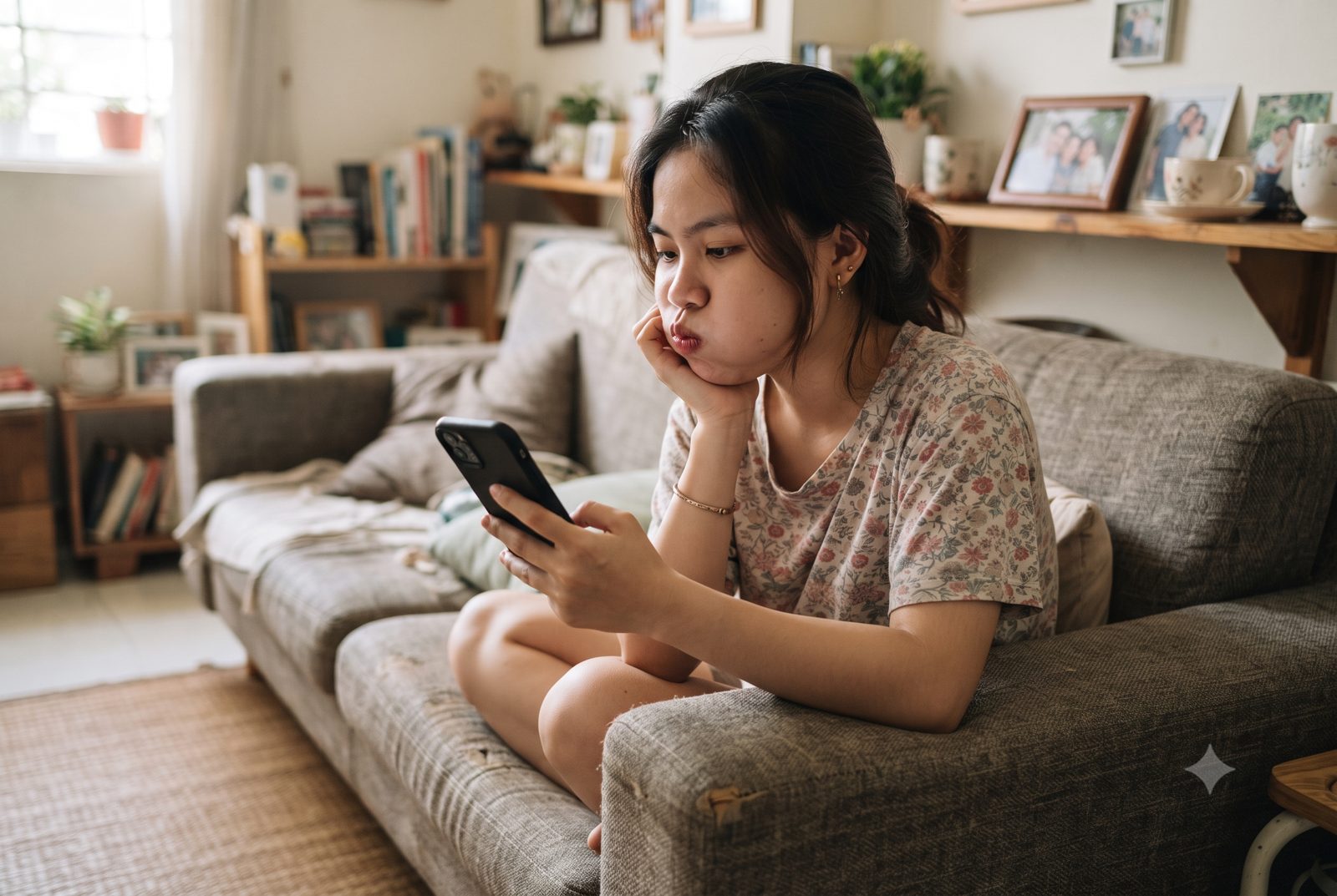Cô gái vừa nhai kẹo cao su một bên vừa chống cằm, thói quen xấu gây loạn năng khớp thái dương hàm - ảnh minh hoạ
