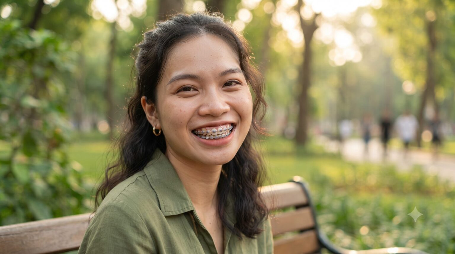 Cô gái trẻ đang niềng răng mắc cài mỉm cười tự tin ngoài công viên, niềng răng an toàn theo quy trình chuẩn - ảnh minh hoạ Nha khoa Bác sĩ Trung Long Biên