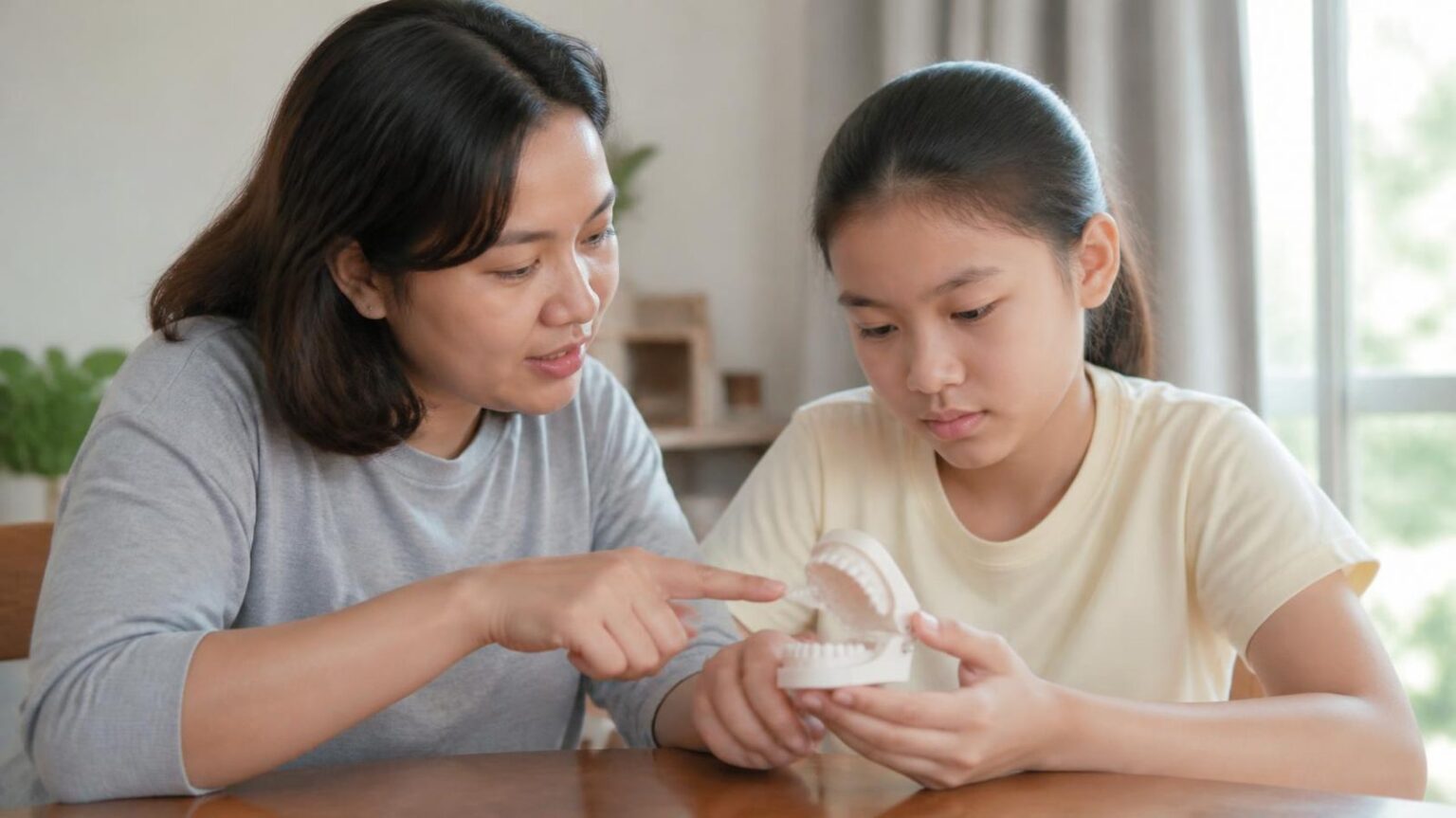 Mẹ và con gái cùng xem mô hình hàm răng, băn khoăn niềng răng có phải nhổ răng không - ảnh minh hoạ Nha khoa Bác sĩ Trung Long Biên