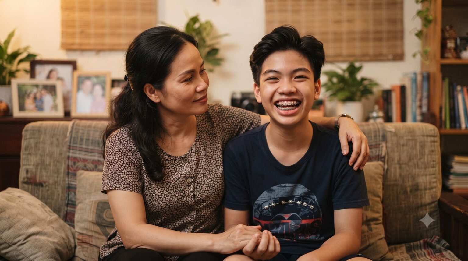Mẹ ngồi cạnh con trai tuổi dậy thì đang niềng răng mắc cài cười tươi, băn khoăn niềng răng có thay đổi khuôn mặt không - ảnh minh hoạ Nha khoa Bác sĩ Trung Long Biên