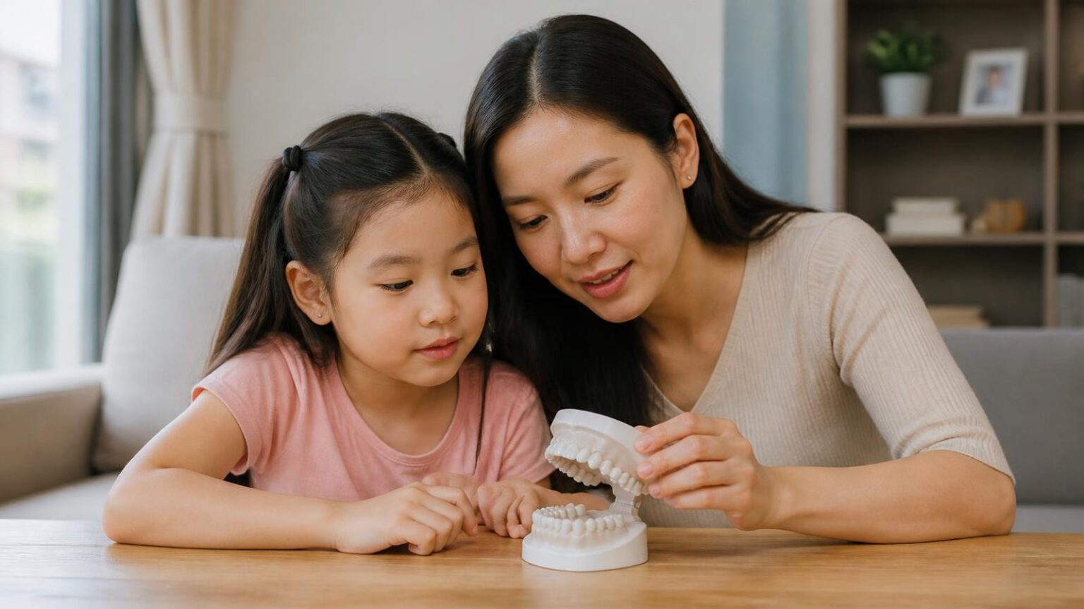 Mẹ và con gái nhỏ cùng xem mô hình hàm răng ở nhà, tìm hiểu niềng răng hai giai đoạn - ảnh minh hoạ Nha khoa Bác sĩ Trung Long Biên
