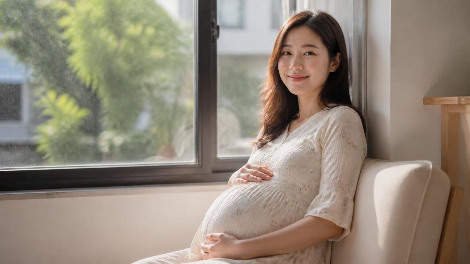 Mẹ bầu ngồi bên cửa sổ, tay đặt lên bụng, mỉm cười nhẹ - ảnh minh hoạ niềng răng khi mang bầu Nha khoa Bác sĩ Trung Long Biên