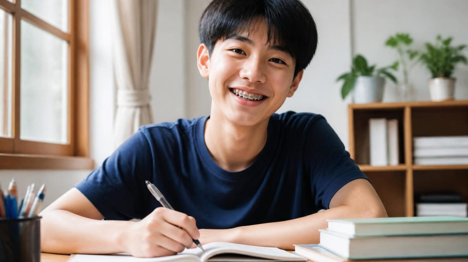 Thiếu niên 14 tuổi đeo mắc cài cười tự tin bên bàn học, niềng răng toàn diện cho trẻ 13 tuổi - ảnh minh hoạ Nha khoa Bác sĩ Trung Long Biên
