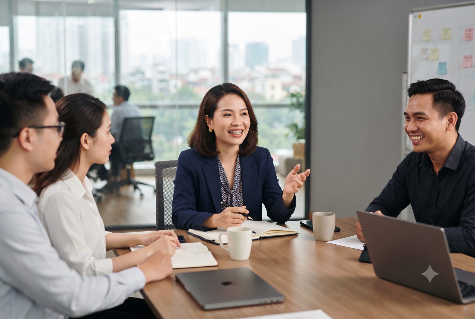 Nữ nhân viên văn phòng tự tin trao đổi trong cuộc họp khi đang niềng mắc cài sứ - ảnh minh hoạ đối tượng phù hợp mắc cài sứ