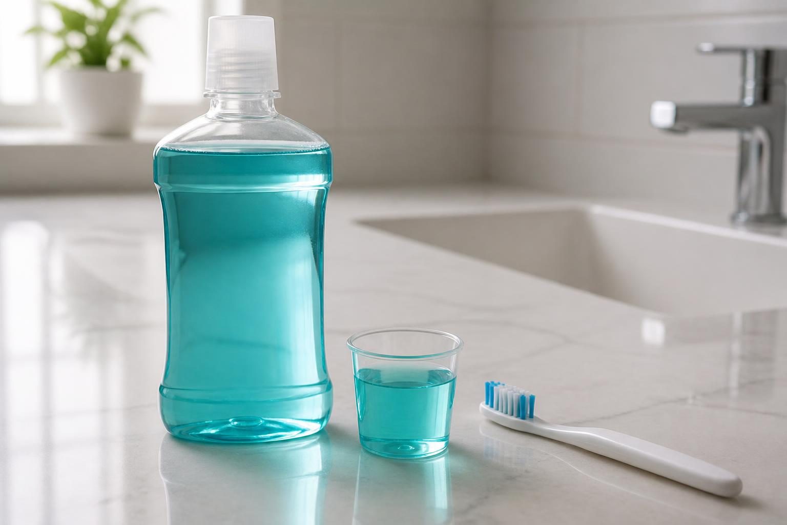 Chai nước súc miệng và cốc nhỏ cạnh bàn chải, bước súc miệng khi niềng răng - ảnh minh hoạ