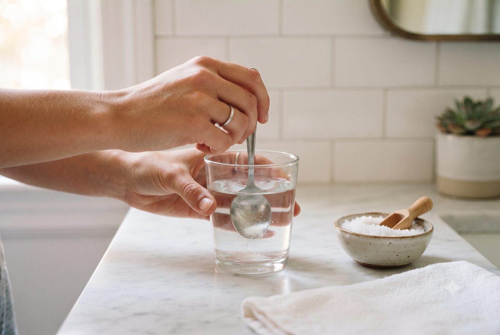 Pha một chút muối vào cốc nước ấm để súc miệng giảm ê nhức khi niềng răng - ảnh minh hoạ