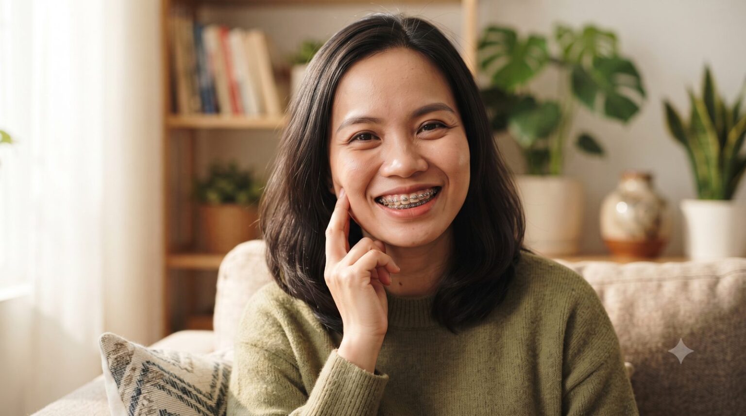 Người phụ nữ đang niềng răng mắc cài cười nhẹ nhõm, chạm tay vào khớp hàm - ảnh minh hoạ Nha khoa Bác sĩ Trung Long Biên