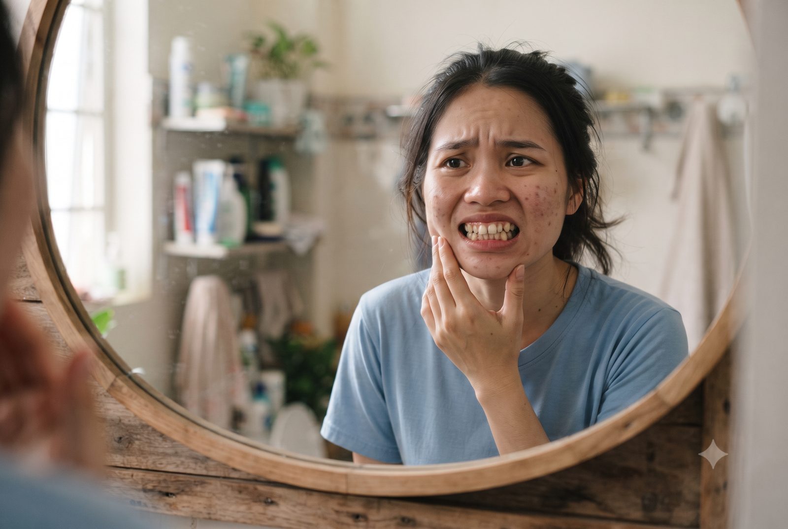 Cô gái soi gương thấy răng mọc lệch, sai khớp cắn và ôm hàm vì đau - ảnh minh hoạ sai khớp cắn gây đau khớp thái dương hàm