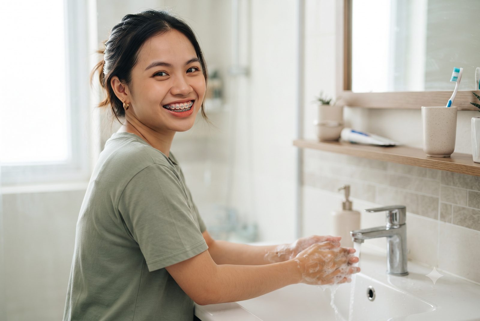 Cô gái đang niềng răng mắc cài rửa tay sạch bằng xà phòng trước khi chăm sóc răng, bàn chải để riêng trong cốc - ảnh minh hoạ