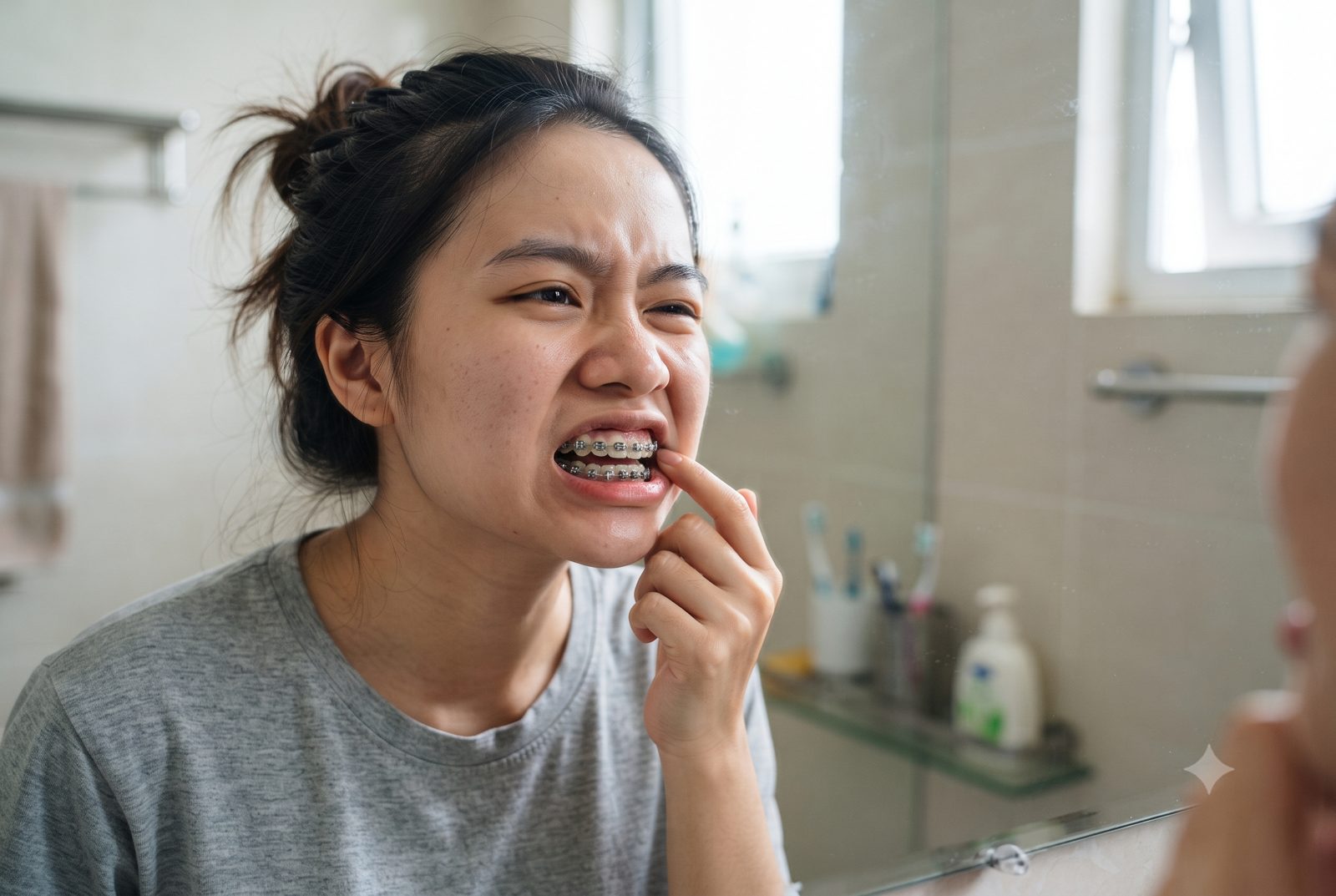 Cô gái niềng răng mắc cài soi gương, kéo nhẹ má để kiểm tra chỗ dây cung chọc má - ảnh minh hoạ