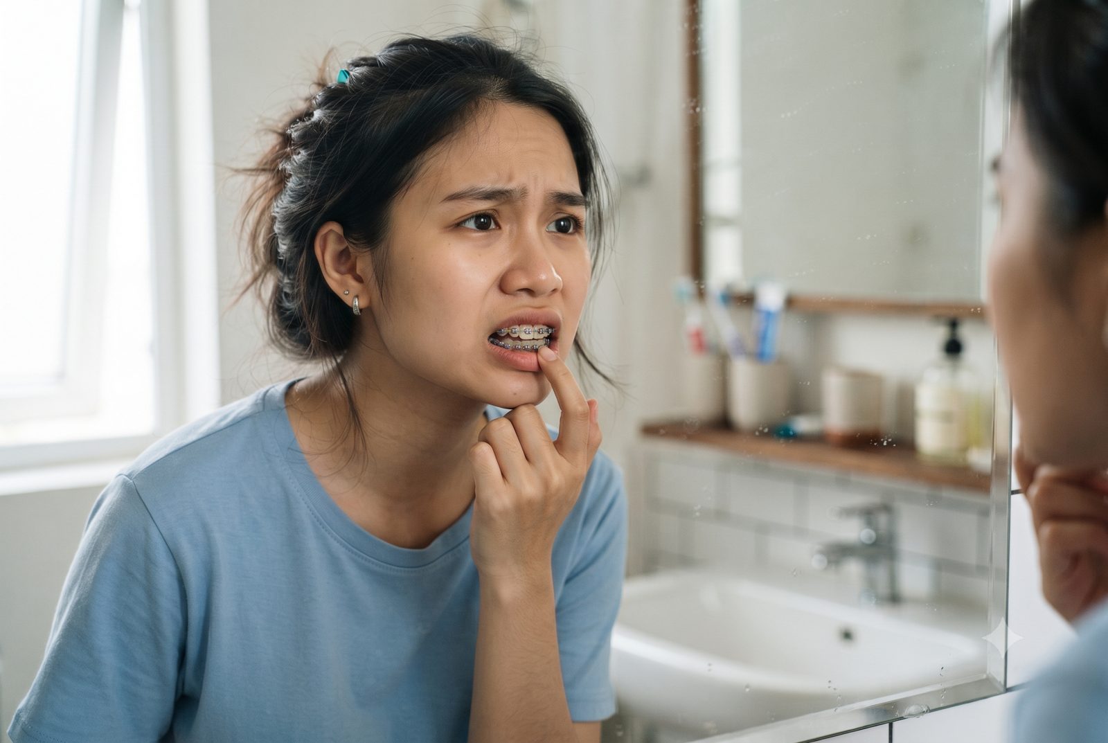 Cô gái niềng răng soi gương, chạm nhẹ vào răng cửa để kiểm tra răng lung lay - ảnh minh hoạ nguyên nhân răng đau và lung lay