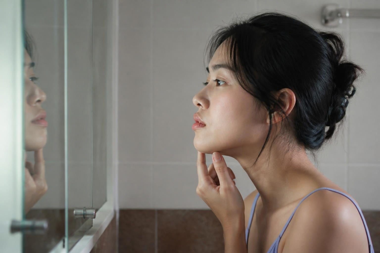 Cô gái nhìn nghiêng soi gương, tay chạm cằm để xem khớp cắn - ảnh minh hoạ khớp cắn ngược là gì