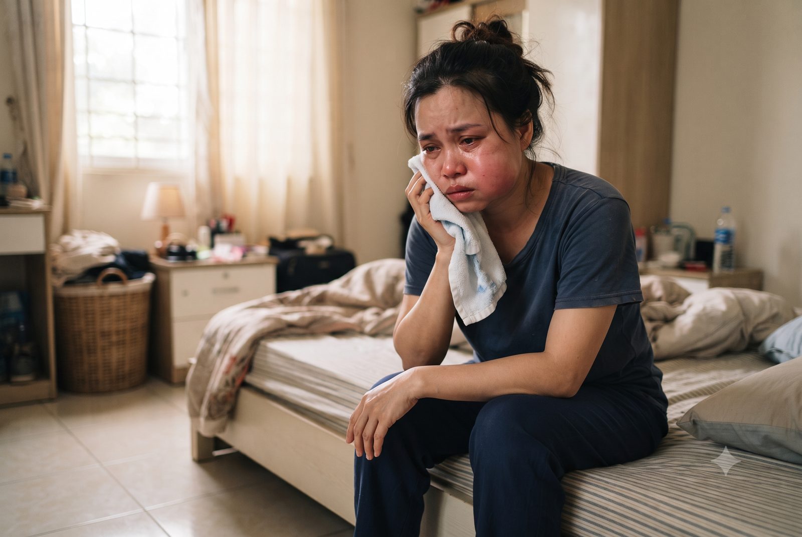 Người phụ nữ sưng một bên má, chườm khăn lạnh vì nhiễm trùng răng - ảnh minh hoạ hậu quả không điều trị tuỷ kịp thời