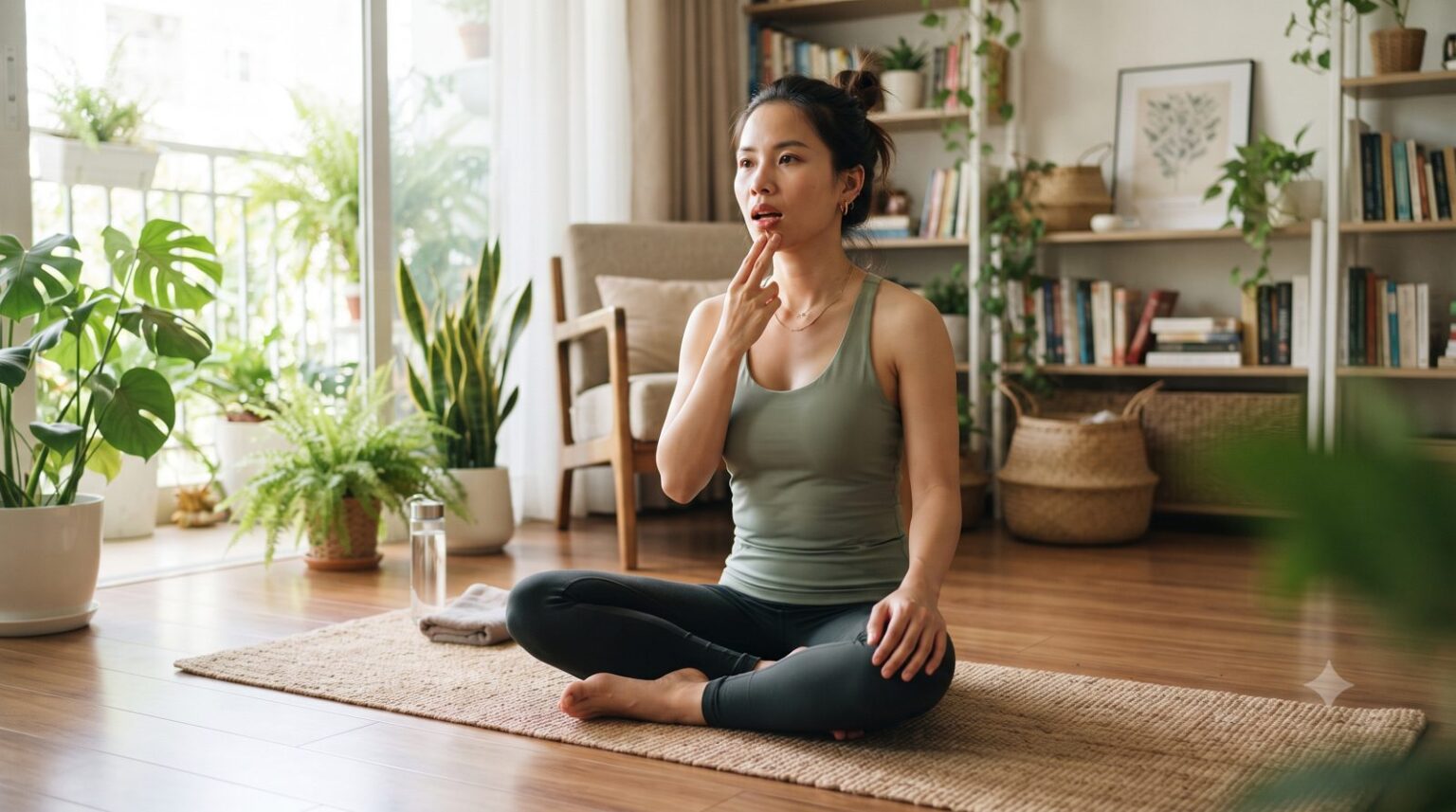 Người phụ nữ ngồi trên thảm yoga tập nhẹ nhàng cho cơ hàm tại nhà - ảnh minh hoạ Nha khoa Bác sĩ Trung Long Biên