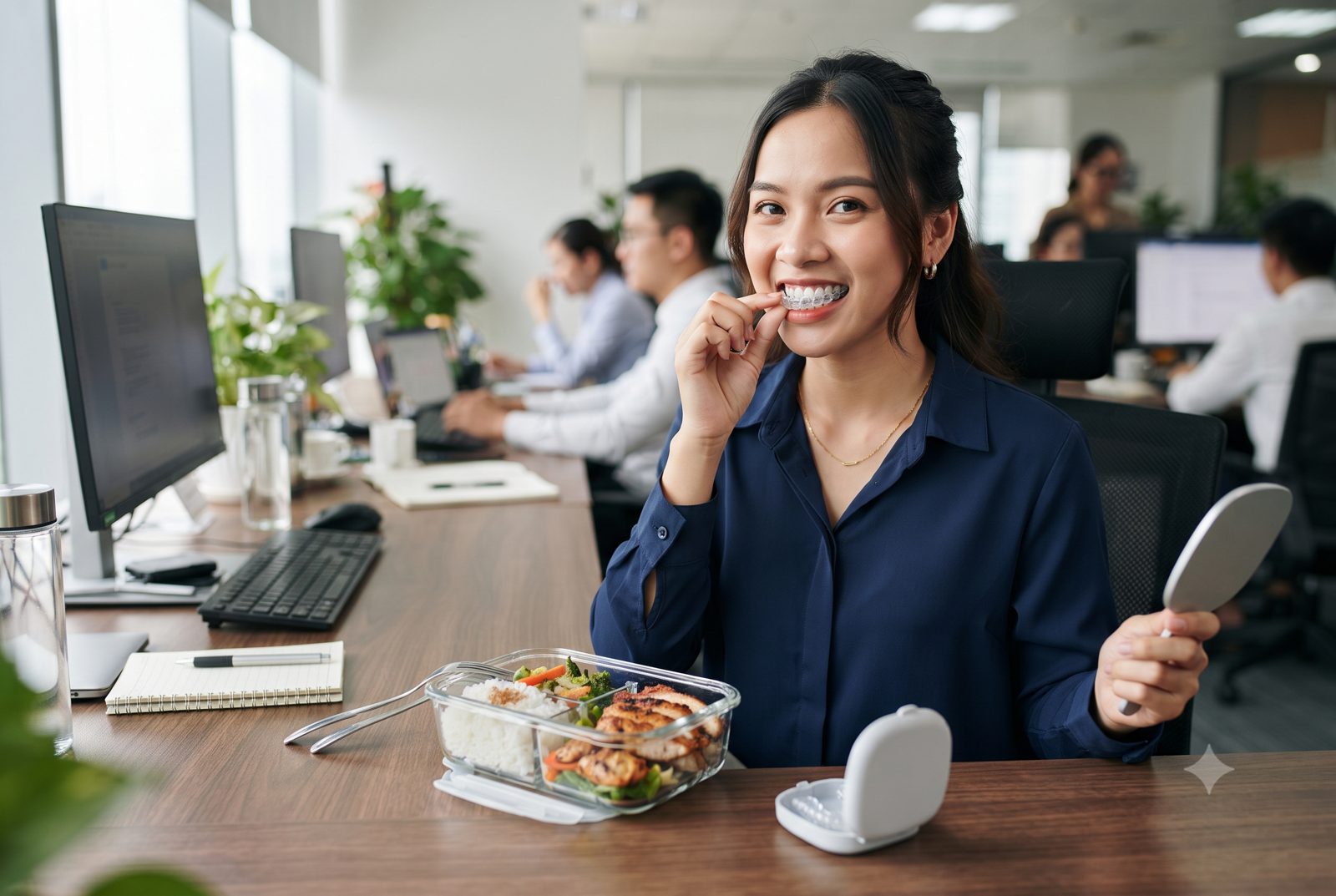 Cô gái văn phòng tháo khay niềng trong suốt trước bữa trưa, hộp đựng khay trên bàn - ảnh minh hoạ ưu điểm niềng răng khay trong suốt