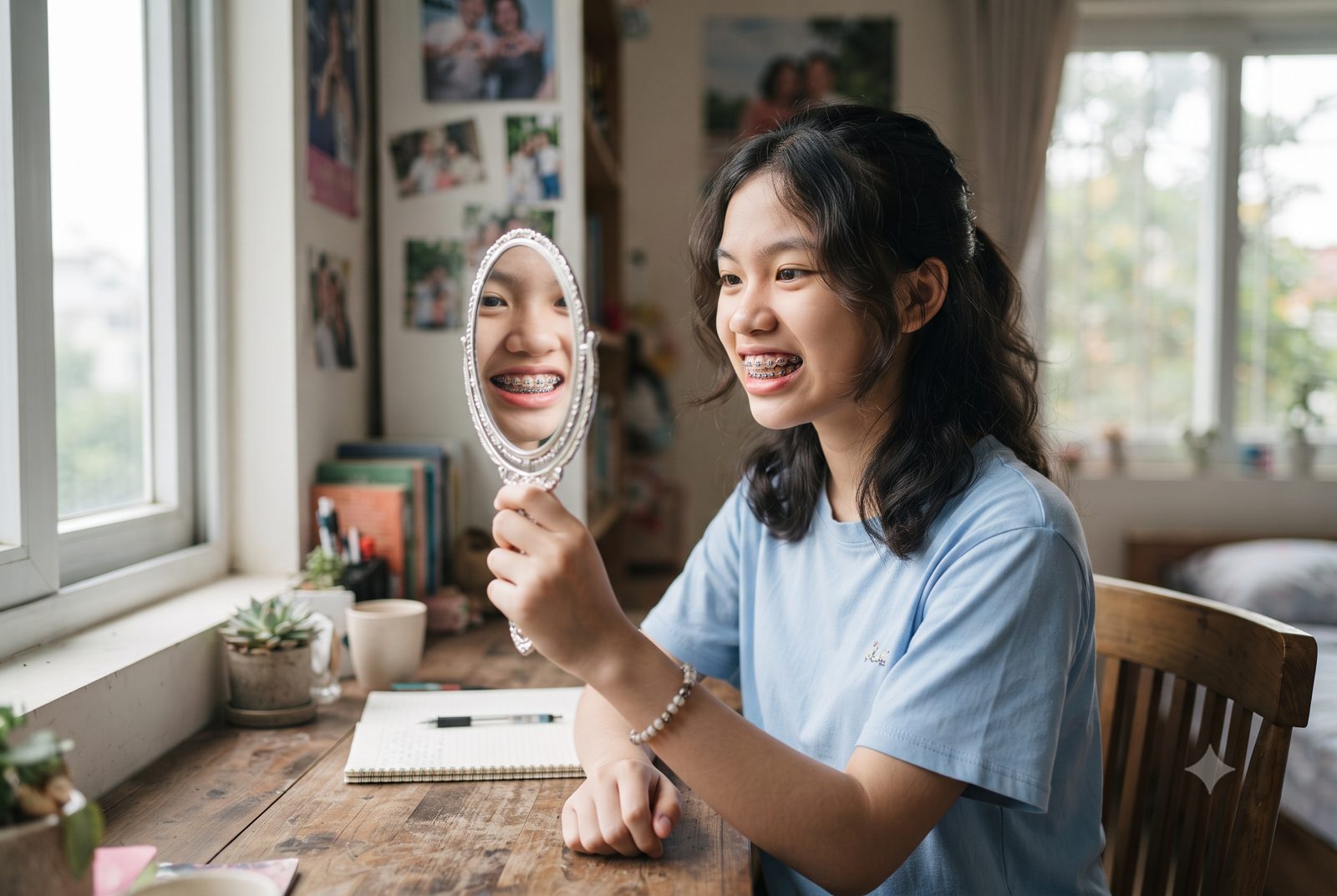 Thiếu nữ lần đầu soi gương ngắm hàm răng vừa gắn mắc cài - ảnh minh hoạ giai đoạn 1 niềng răng