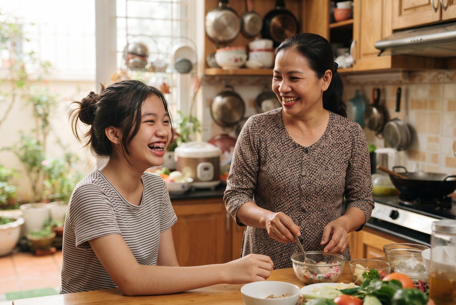 Thiếu nữ đang niềng răng mắc cài cười vui bên mẹ trong bếp - ảnh minh hoạ điều trị sai khớp cắn