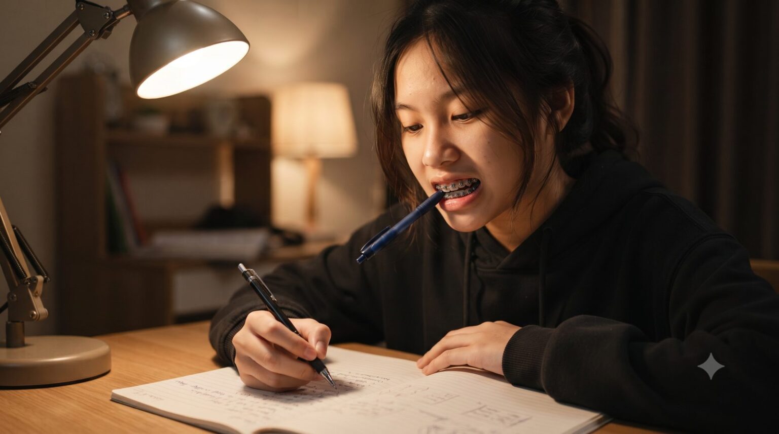Thiếu nữ đang niềng răng mắc cài vô thức cắn đầu bút khi học bài, một thói quen xấu khi niềng răng - ảnh minh hoạ Nha khoa Bác sĩ Trung Long Biên