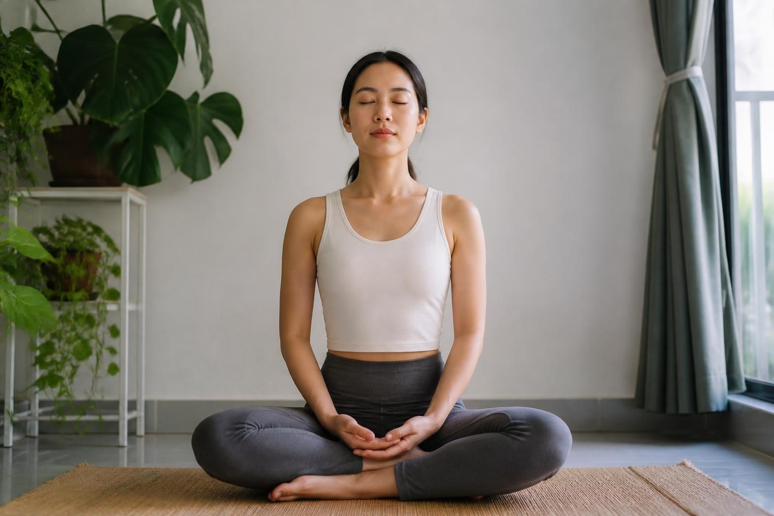 Người phụ nữ ngồi thiền thả lỏng mặt và vai, kiểm soát cảm xúc để giảm nghiến răng - ảnh minh hoạ