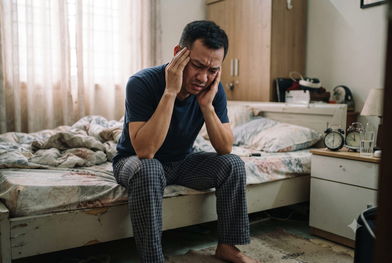 Người đàn ông ngồi mép giường buổi sáng, đau đầu và mỏi hàm - ảnh minh hoạ ảnh hưởng của loạn năng khớp thái dương hàm