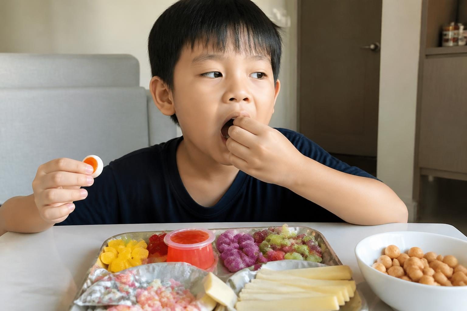 Bé trai ăn đồ ăn vặt bên bàn ở nhà, thói quen ăn vặt làm tăng nguy cơ sâu hố rãnh răng hàm - ảnh minh hoạ