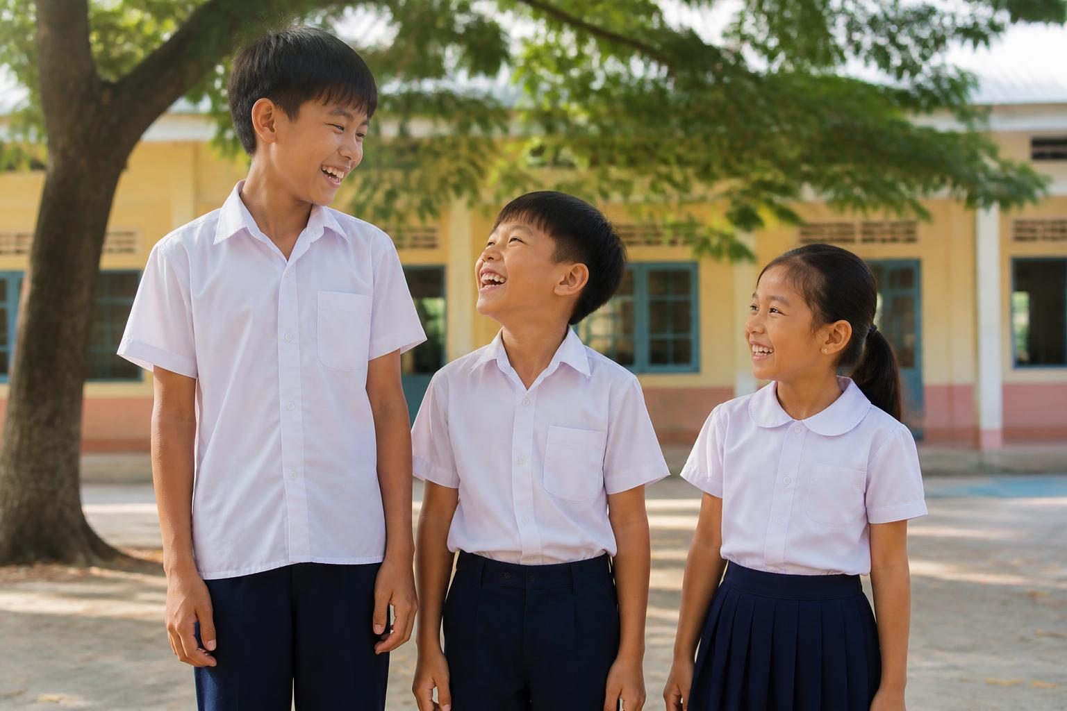 Ba học sinh cùng tuổi nhưng chiều cao khác nhau, cho thấy tuổi xương không giống tuổi khai sinh - ảnh minh hoạ