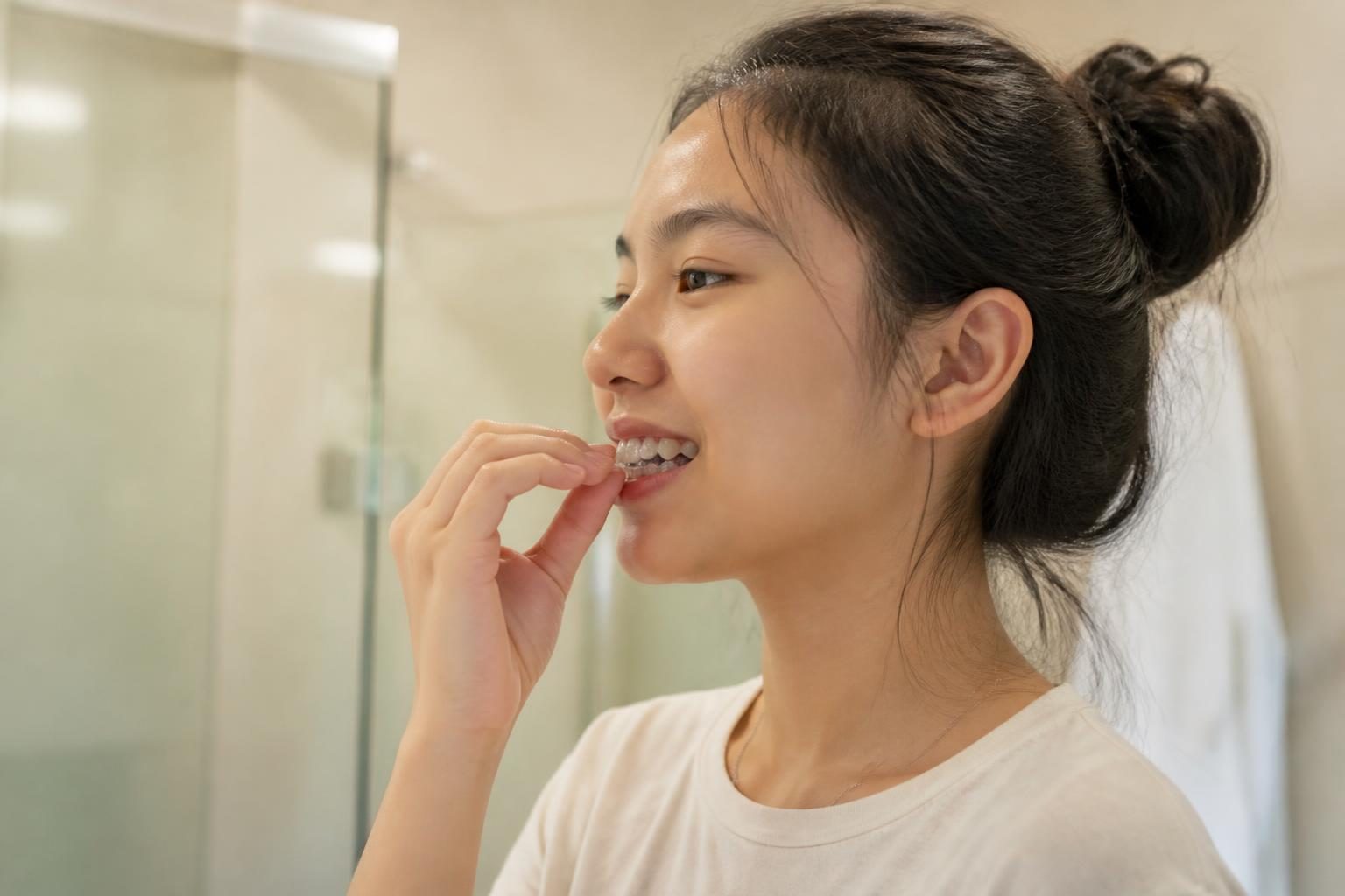 Thiếu niên tự đeo máng trong suốt ở nhà, tháo lắp dễ dàng khi ăn và vệ sinh - ảnh minh hoạ ưu điểm máng trong suốt cho trẻ