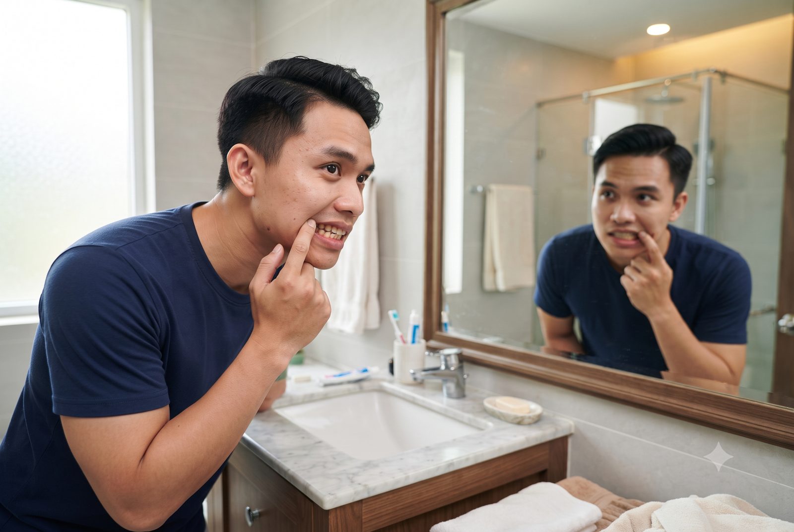 Chàng trai kéo má soi gương kiểm tra răng hàm và lợi - ảnh minh hoạ xác định tình trạng răng trước khi niềng