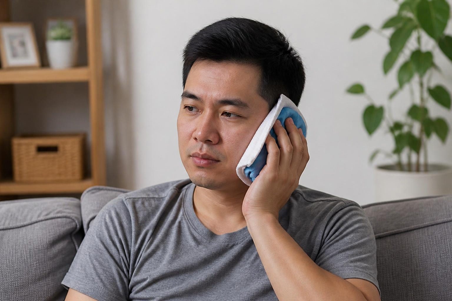 Người đàn ông áp túi chườm bọc khăn lên vùng khớp hàm - ảnh minh hoạ giảm đau viêm khớp thái dương hàm bằng túi chườm