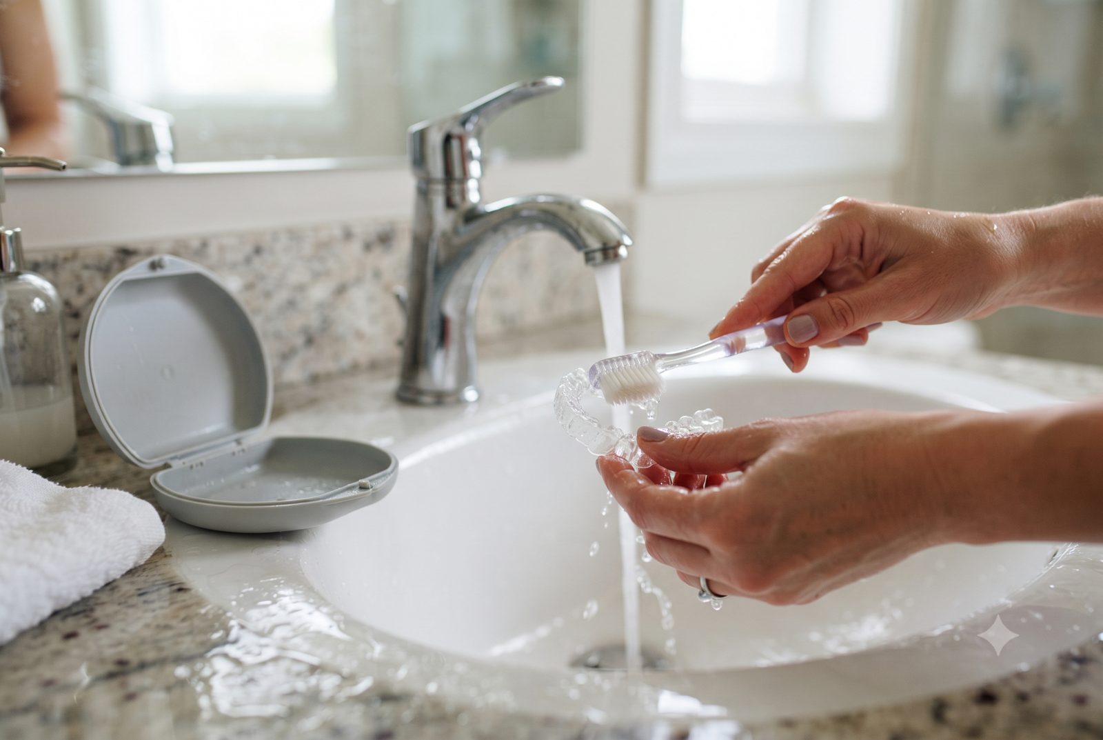 Rửa và chải nhẹ khay niềng trong suốt bằng bàn chải mềm dưới vòi nước - ảnh minh hoạ cách chăm sóc khay niềng