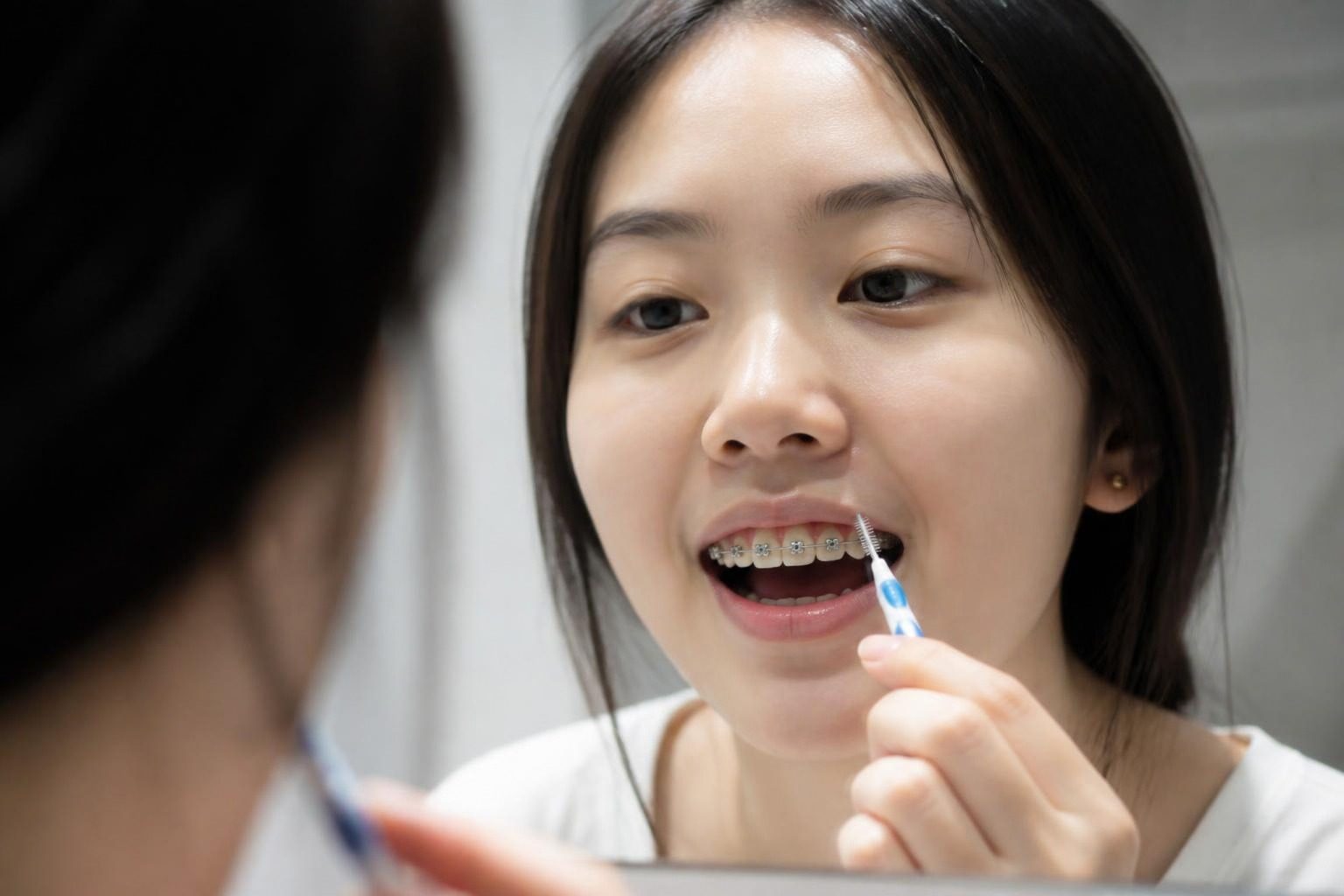 Cô gái dùng bàn chải kẽ làm sạch quanh mắc cài trước gương - ảnh minh hoạ cách khắc phục răng xỉn màu khi niềng