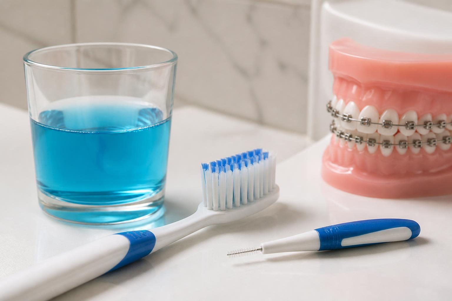 Bàn chải chỉnh nha, bàn chải kẽ và nước súc miệng, dụng cụ vệ sinh răng miệng sau khi cắm minivis - ảnh minh hoạ
